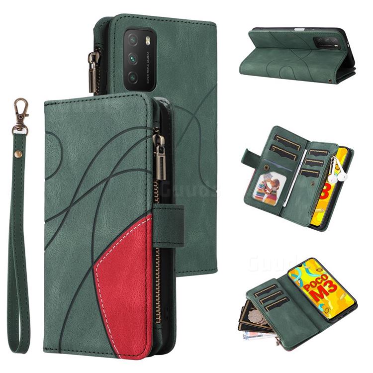 Luxury Two-color Stitching Multi-function Zipper Leather Wallet Case Cover for Mi Xiaomi Poco M3 - Green