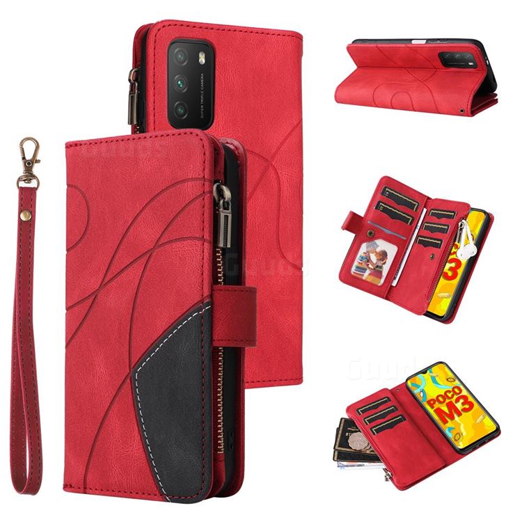 Luxury Two-color Stitching Multi-function Zipper Leather Wallet Case Cover for Mi Xiaomi Poco M3 - Red