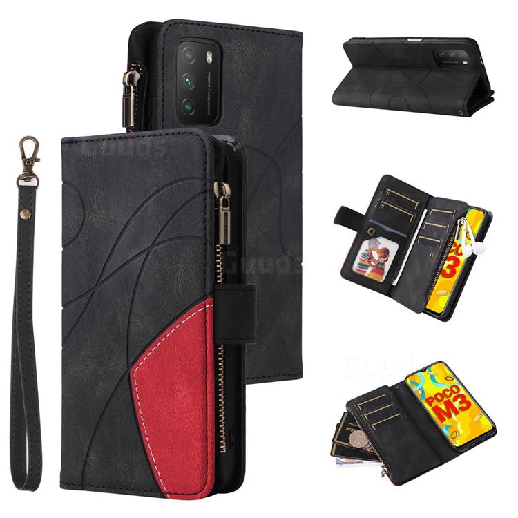Luxury Two-color Stitching Multi-function Zipper Leather Wallet Case Cover for Mi Xiaomi Poco M3 - Black