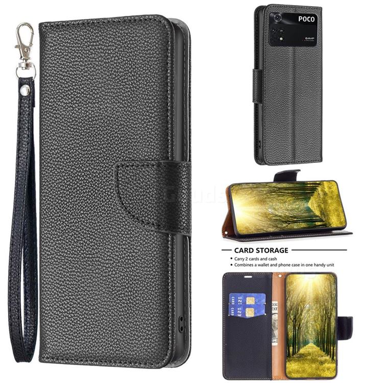 Classic Luxury Litchi Leather Phone Wallet Case for Mi Xiaomi Poco M4 Pro 4G - Black