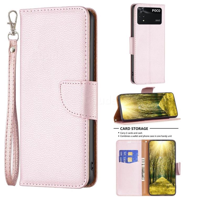 Classic Luxury Litchi Leather Phone Wallet Case for Mi Xiaomi Poco M4 Pro 4G - Golden