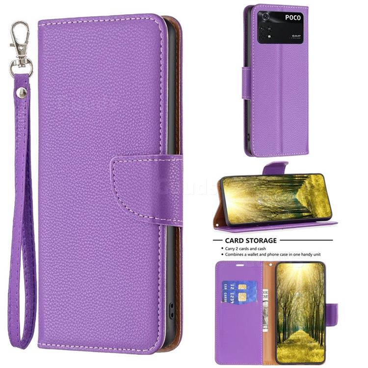 Classic Luxury Litchi Leather Phone Wallet Case for Mi Xiaomi Poco M4 Pro 4G - Purple