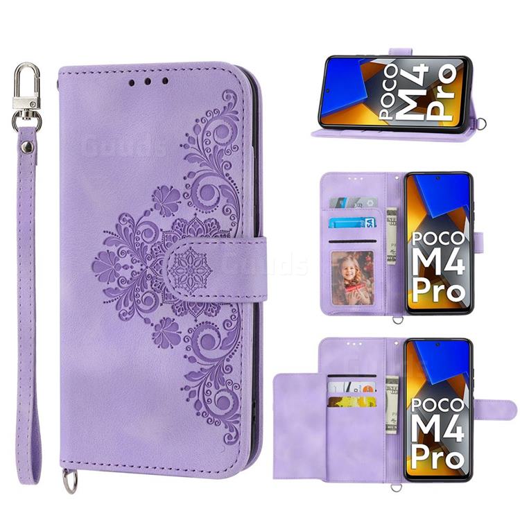 Skin Feel Embossed Lace Flower Multiple Card Slots Leather Wallet Phone Case for Mi Xiaomi Poco M4 Pro 4G - Purple