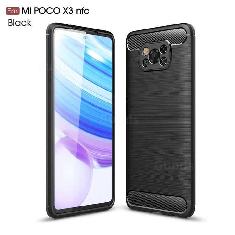 Luxury Carbon Fiber Brushed Wire Drawing Silicone TPU Back Cover for Mi Xiaomi Poco X3 NFC - Black