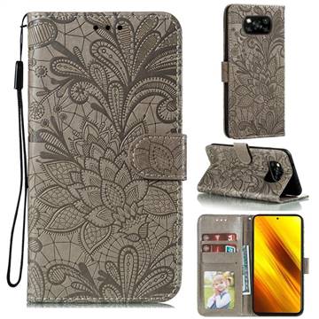Intricate Embossing Lace Jasmine Flower Leather Wallet Case for Mi Xiaomi Poco X3 NFC - Gray
