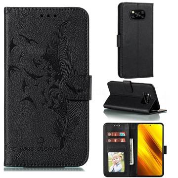 Intricate Embossing Lychee Feather Bird Leather Wallet Case for Mi Xiaomi Poco X3 NFC - Black