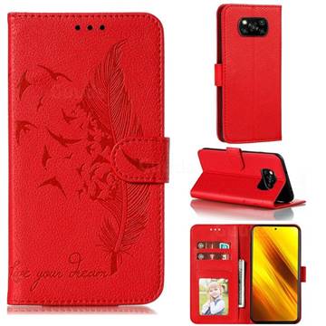 Intricate Embossing Lychee Feather Bird Leather Wallet Case for Mi Xiaomi Poco X3 NFC - Red