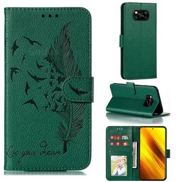 Intricate Embossing Lychee Feather Bird Leather Wallet Case for Mi Xiaomi Poco X3 NFC - Green