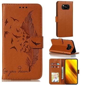Intricate Embossing Lychee Feather Bird Leather Wallet Case for Mi Xiaomi Poco X3 NFC - Brown