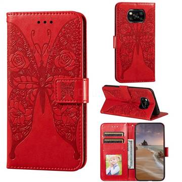 Intricate Embossing Rose Flower Butterfly Leather Wallet Case for Mi Xiaomi Poco X3 NFC - Red