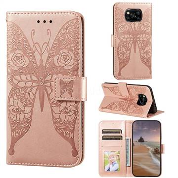 Intricate Embossing Rose Flower Butterfly Leather Wallet Case for Mi Xiaomi Poco X3 NFC - Rose Gold