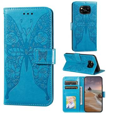 Intricate Embossing Rose Flower Butterfly Leather Wallet Case for Mi Xiaomi Poco X3 NFC - Blue