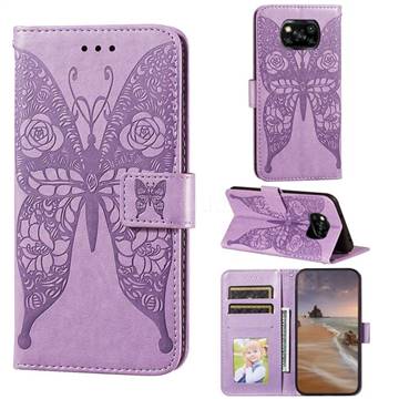 Intricate Embossing Rose Flower Butterfly Leather Wallet Case for Mi Xiaomi Poco X3 NFC - Purple