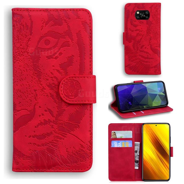 Intricate Embossing Tiger Face Leather Wallet Case for Mi Xiaomi Poco X3 NFC - Red