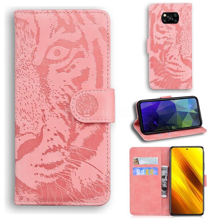 Intricate Embossing Tiger Face Leather Wallet Case for Mi Xiaomi Poco X3 NFC - Pink