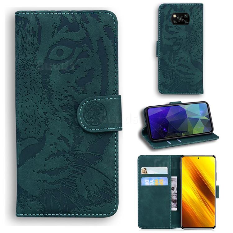 Intricate Embossing Tiger Face Leather Wallet Case for Mi Xiaomi Poco X3 NFC - Green