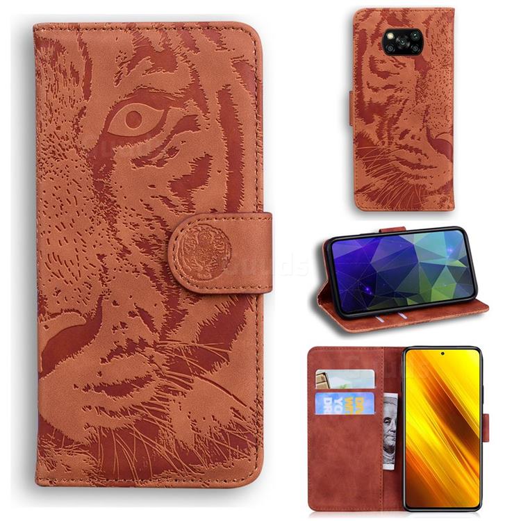 Intricate Embossing Tiger Face Leather Wallet Case for Mi Xiaomi Poco X3 NFC - Brown
