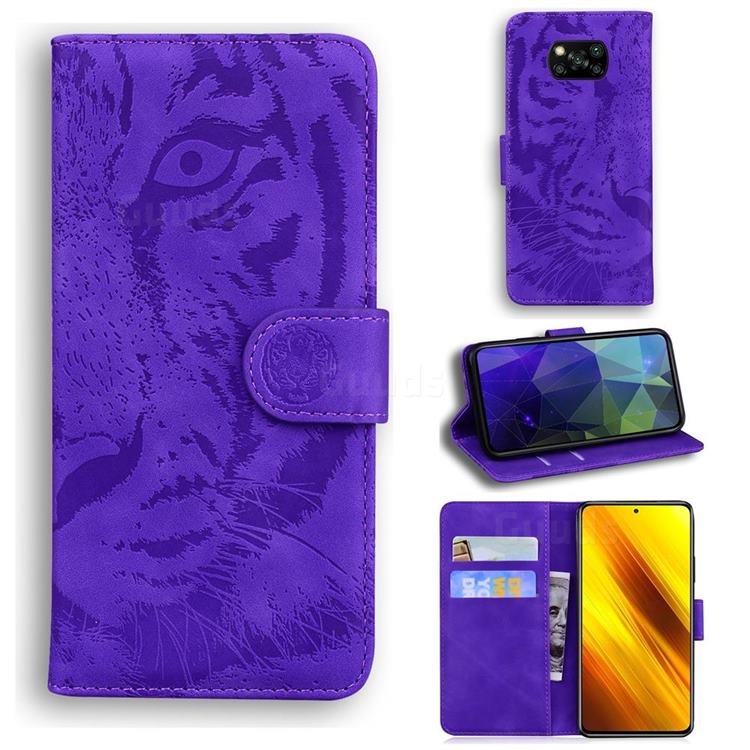 Intricate Embossing Tiger Face Leather Wallet Case for Mi Xiaomi Poco X3 NFC - Purple