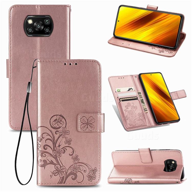 Embossing Imprint Four-Leaf Clover Leather Wallet Case for Mi Xiaomi Poco X3 NFC - Rose Gold