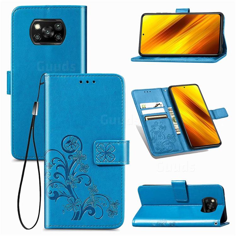 Embossing Imprint Four-Leaf Clover Leather Wallet Case for Mi Xiaomi Poco X3 NFC - Blue