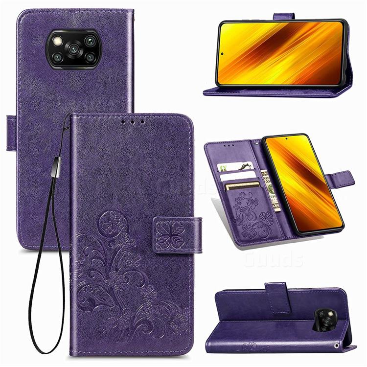 Embossing Imprint Four-Leaf Clover Leather Wallet Case for Mi Xiaomi Poco X3 NFC - Purple