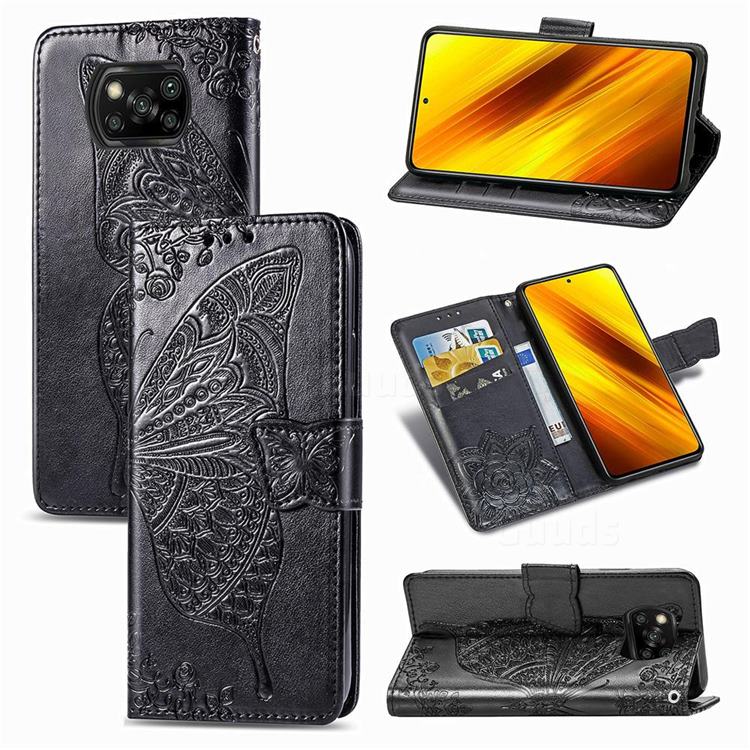 Embossing Mandala Flower Butterfly Leather Wallet Case for Mi Xiaomi Poco X3 NFC - Black