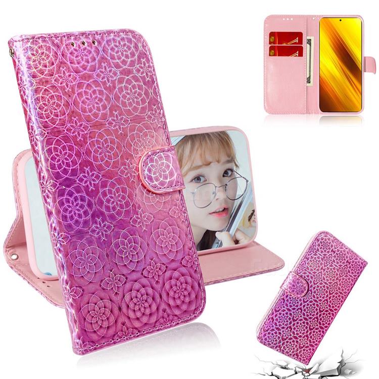 Laser Circle Shining Leather Wallet Phone Case for Mi Xiaomi Poco X3 NFC - Pink