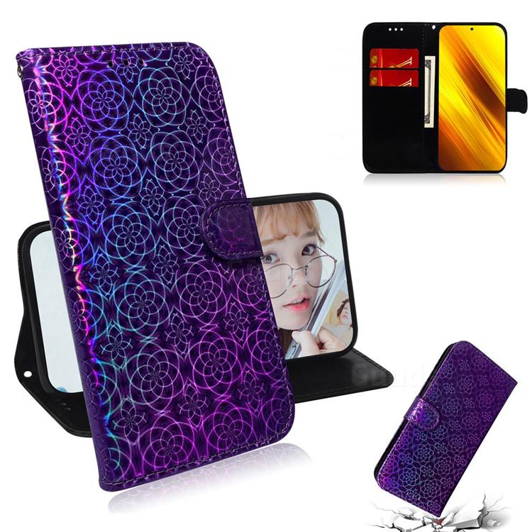 Laser Circle Shining Leather Wallet Phone Case for Mi Xiaomi Poco X3 NFC - Purple