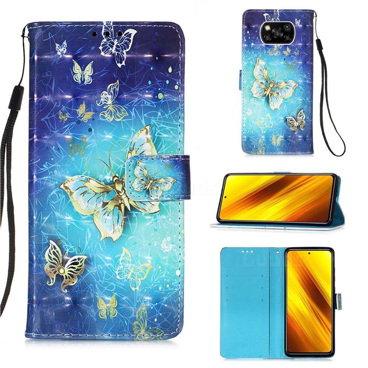 Gold Butterfly 3D Painted Leather Wallet Case for Mi Xiaomi Poco X3 NFC