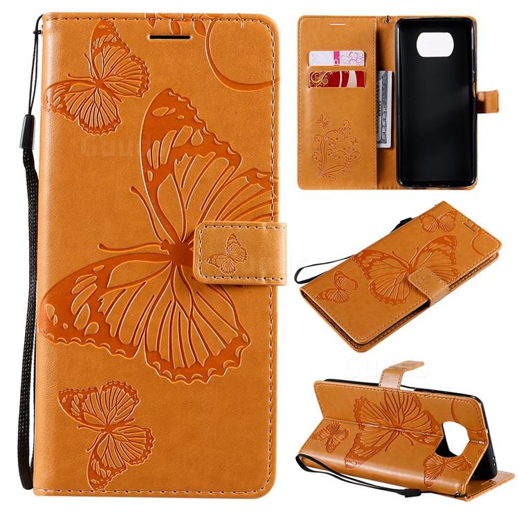Embossing 3D Butterfly Leather Wallet Case for Mi Xiaomi Poco X3 NFC - Yellow
