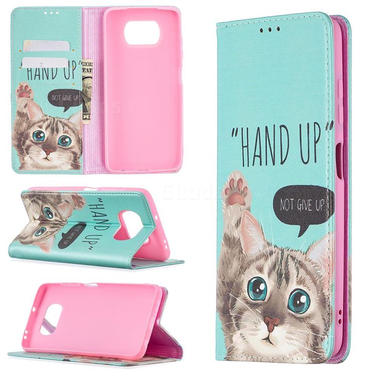 Hand Up Cat Slim Magnetic Attraction Wallet Flip Cover for Mi Xiaomi Poco X3 NFC