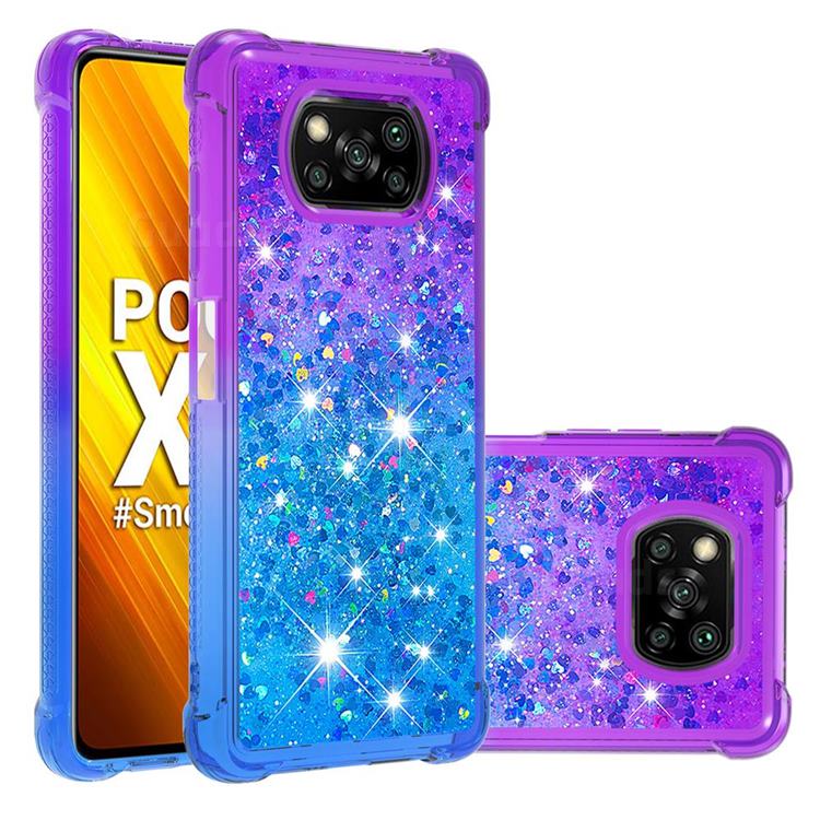Rainbow Gradient Liquid Glitter Quicksand Sequins Phone Case for Mi Xiaomi Poco X3 NFC - Purple Blue