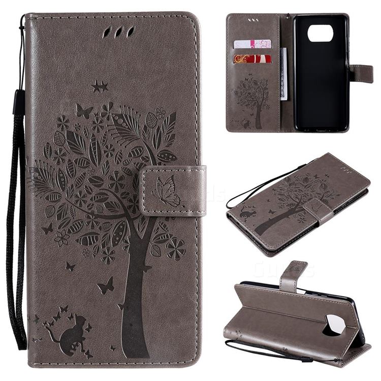 Embossing Butterfly Tree Leather Wallet Case for Mi Xiaomi Poco X3 NFC - Grey
