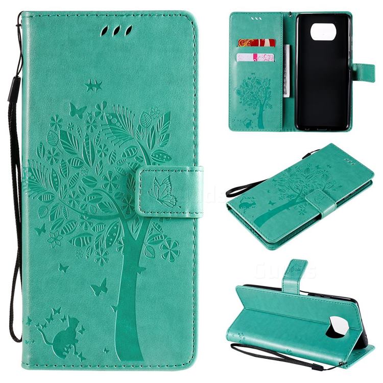 Embossing Butterfly Tree Leather Wallet Case for Mi Xiaomi Poco X3 NFC - Cyan