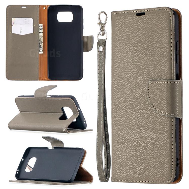 Classic Luxury Litchi Leather Phone Wallet Case for Mi Xiaomi Poco X3 NFC - Gray