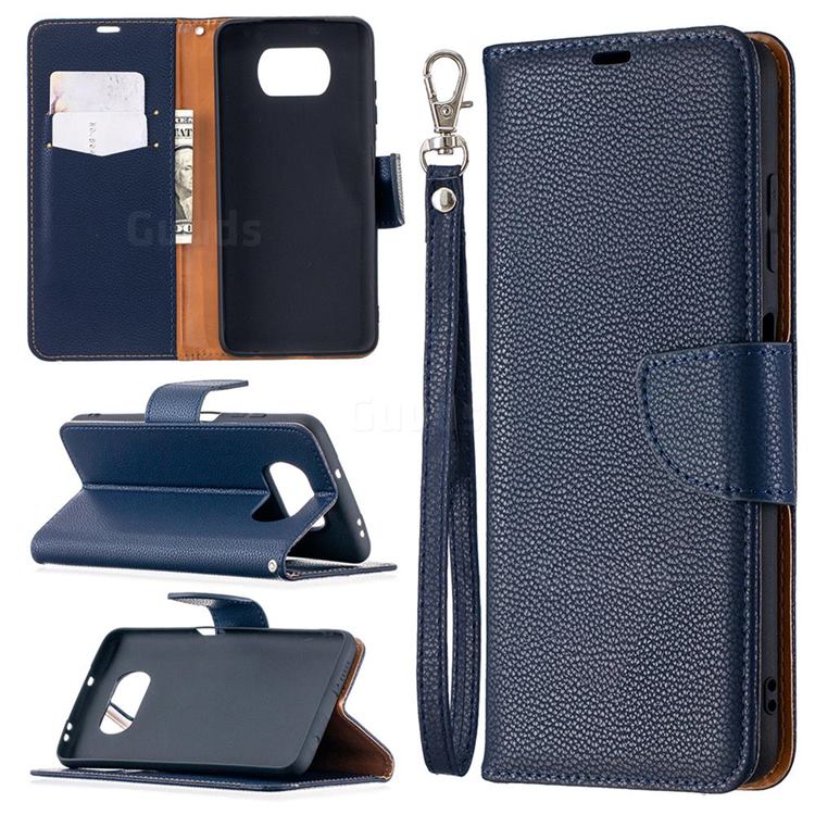 Classic Luxury Litchi Leather Phone Wallet Case for Mi Xiaomi Poco X3 NFC - Blue