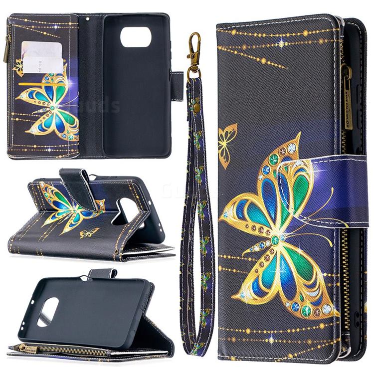 Golden Shining Butterfly Binfen Color BF03 Retro Zipper Leather Wallet Phone Case for Mi Xiaomi Poco X3 NFC