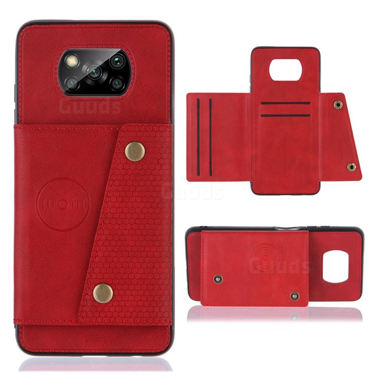 Retro Multifunction Card Slots Stand Leather Coated Phone Back Cover for Mi Xiaomi Poco X3 NFC - Red