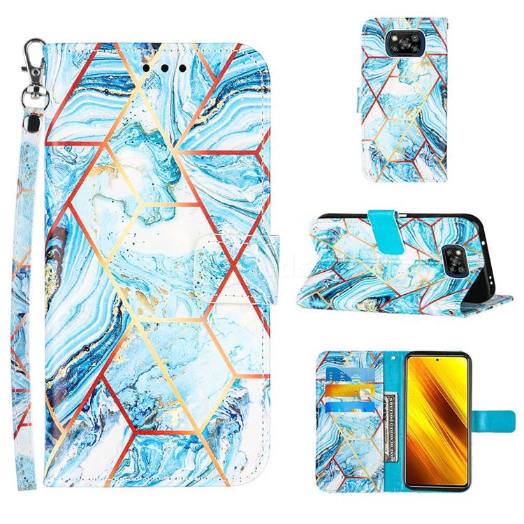 Lake Blue Stitching Color Marble Leather Wallet Case for Mi Xiaomi Poco X3 NFC