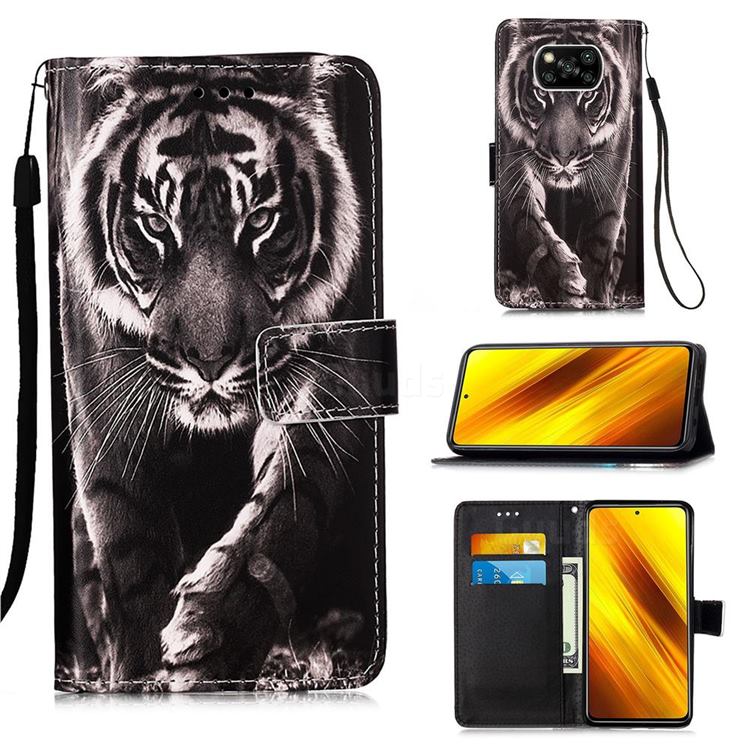 Black and White Tiger Matte Leather Wallet Phone Case for Mi Xiaomi Poco X3 NFC