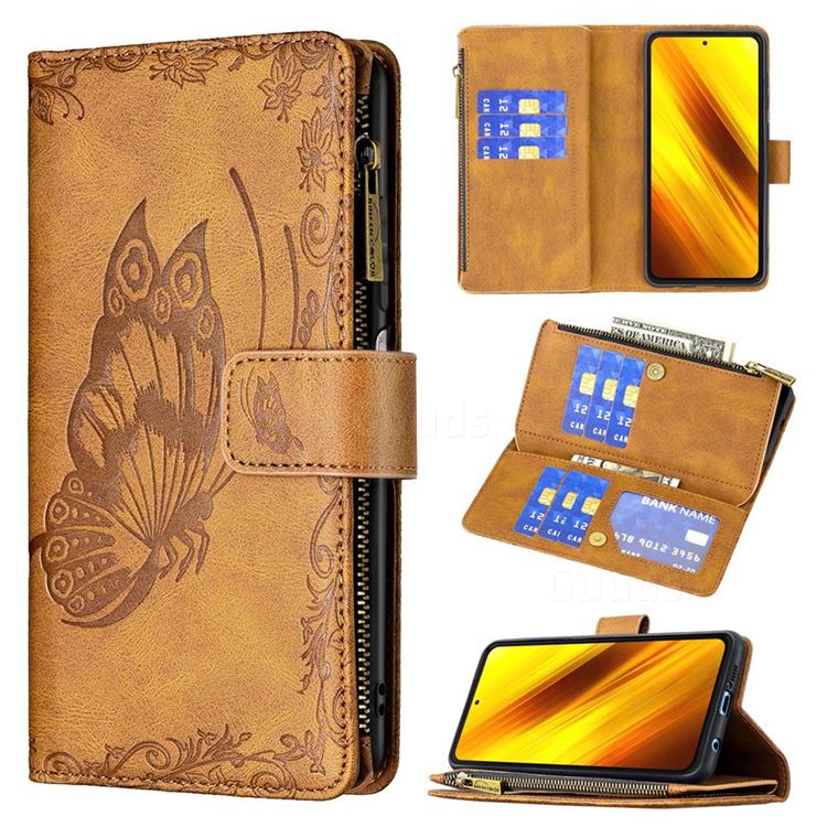 Binfen Color Imprint Vivid Butterfly Buckle Zipper Multi-function Leather Phone Wallet for Mi Xiaomi Poco X3 NFC - Brown