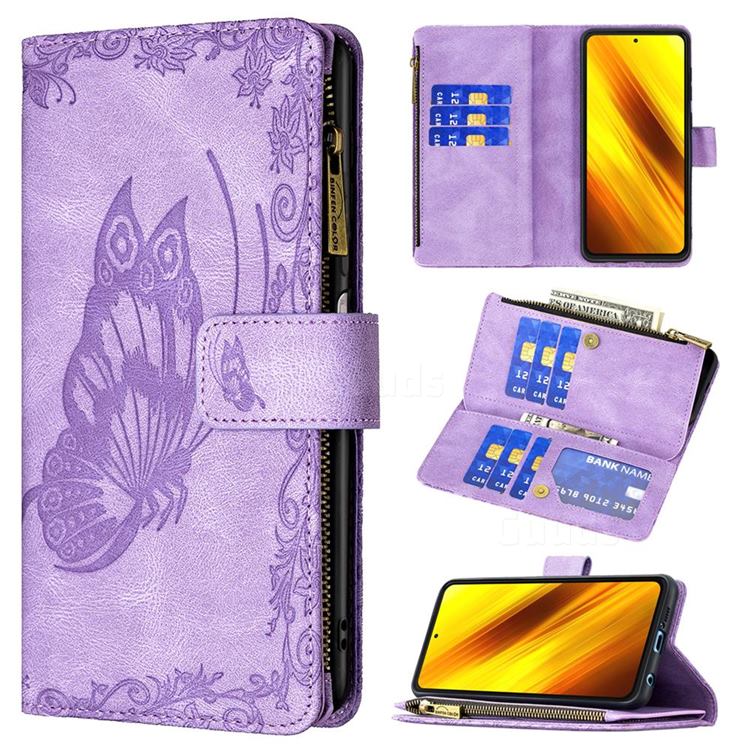 Binfen Color Imprint Vivid Butterfly Buckle Zipper Multi-function Leather Phone Wallet for Mi Xiaomi Poco X3 NFC - Purple