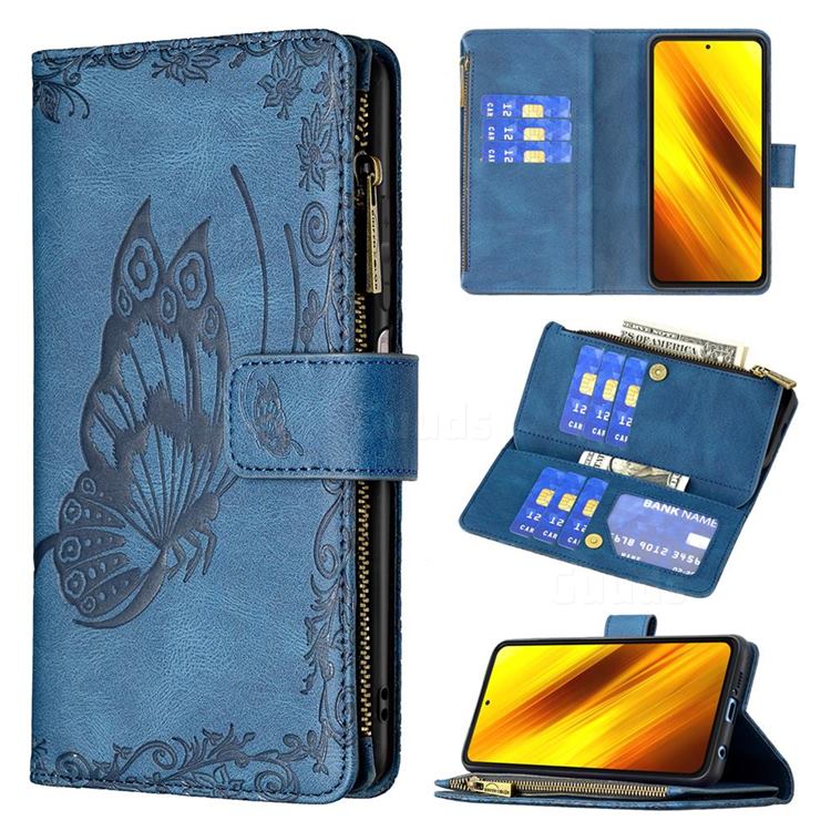 Binfen Color Imprint Vivid Butterfly Buckle Zipper Multi-function Leather Phone Wallet for Mi Xiaomi Poco X3 NFC - Blue