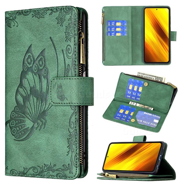 Binfen Color Imprint Vivid Butterfly Buckle Zipper Multi-function Leather Phone Wallet for Mi Xiaomi Poco X3 NFC - Green