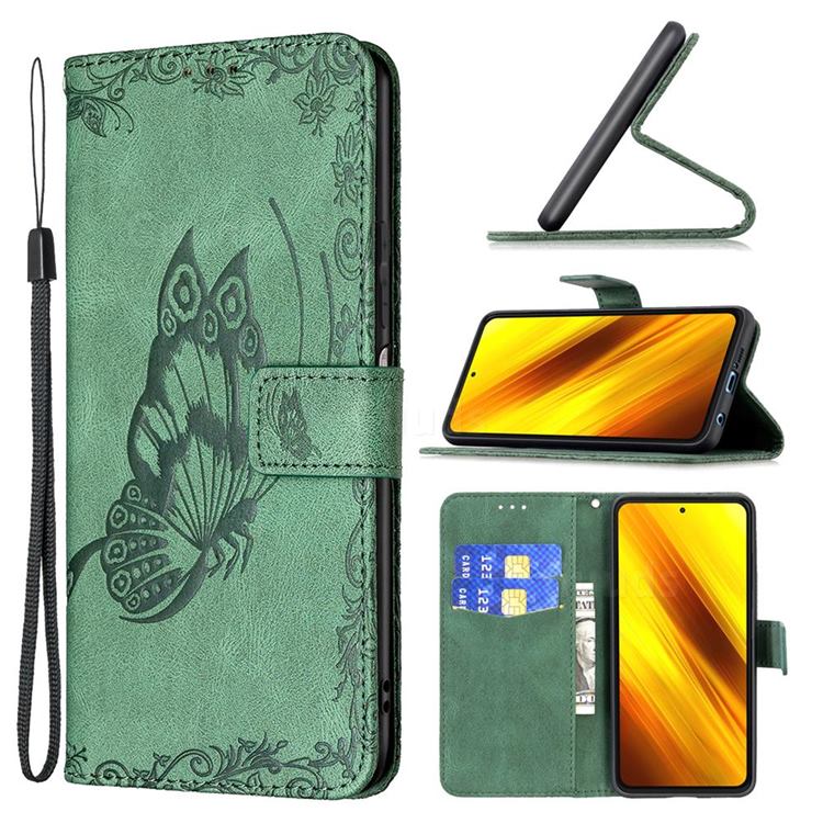 Binfen Color Imprint Vivid Butterfly Leather Wallet Case for Mi Xiaomi Poco X3 NFC - Green