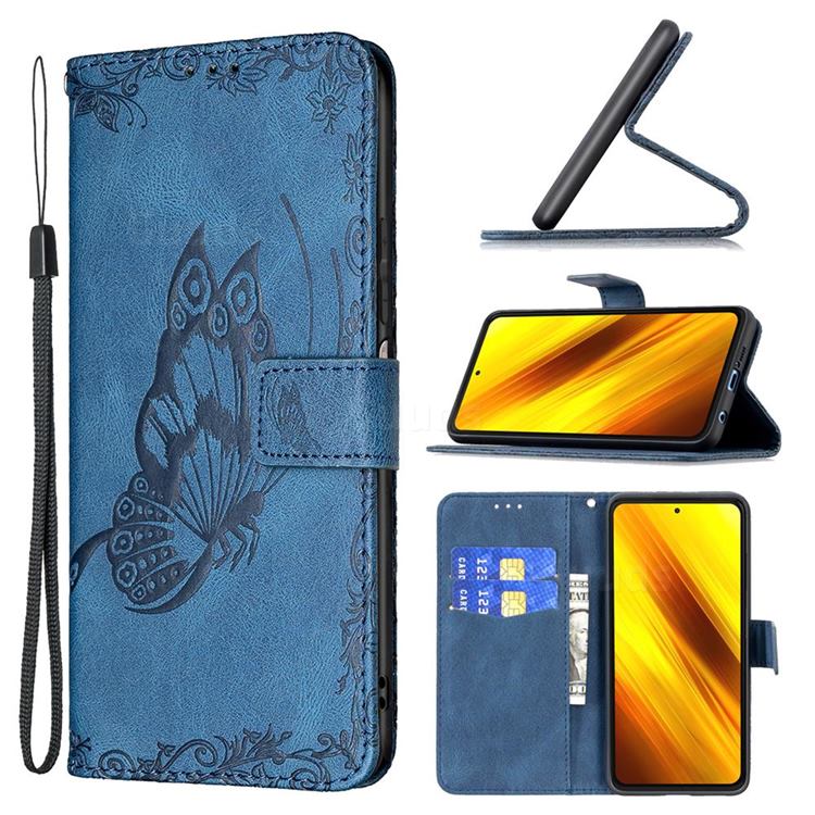 Binfen Color Imprint Vivid Butterfly Leather Wallet Case for Mi Xiaomi Poco X3 NFC - Blue