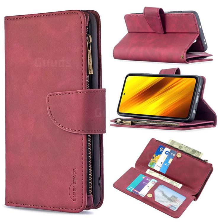Binfen Color BF02 Sensory Buckle Zipper Multifunction Leather Phone Wallet for Mi Xiaomi Poco X3 NFC - Red Wine
