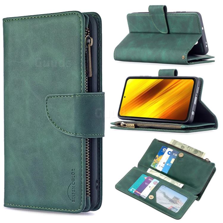 Binfen Color BF02 Sensory Buckle Zipper Multifunction Leather Phone Wallet for Mi Xiaomi Poco X3 NFC - Dark Green