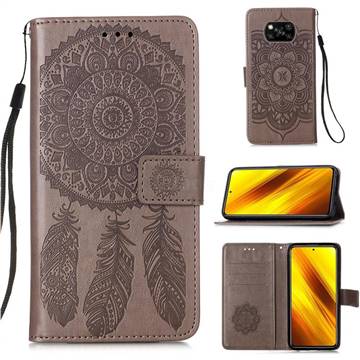 Embossing Dream Catcher Mandala Flower Leather Wallet Case for Mi Xiaomi Poco X3 NFC - Gray
