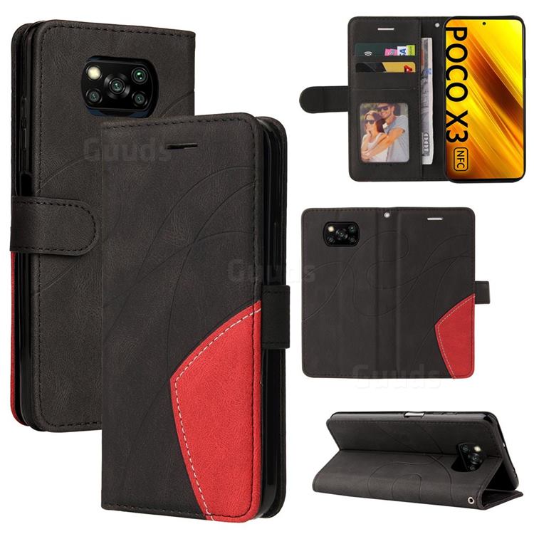 Luxury Two-color Stitching Leather Wallet Case Cover for Mi Xiaomi Poco X3 NFC - Black